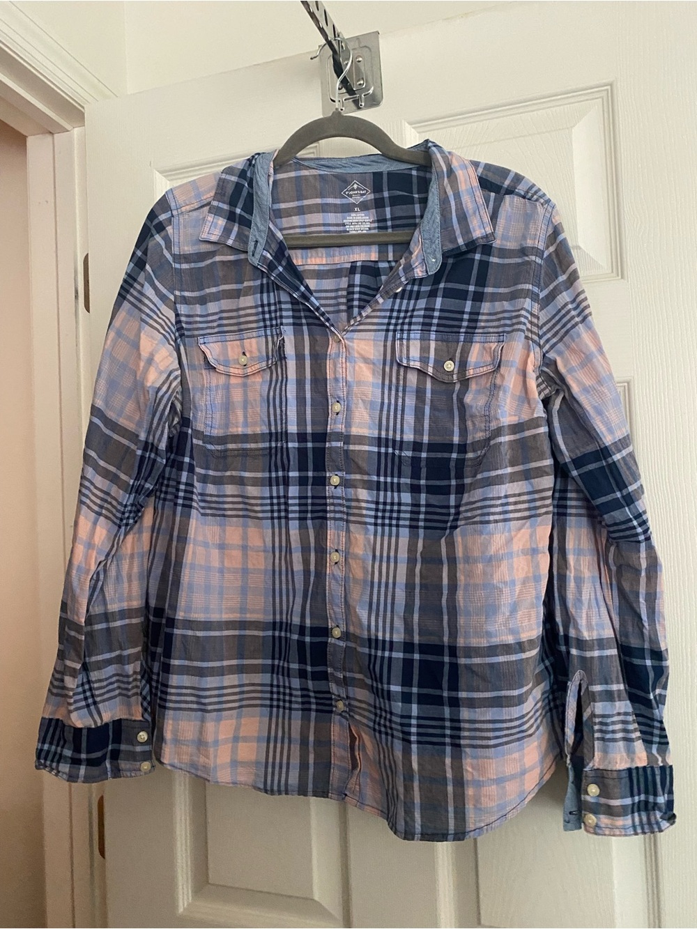 St. John's Bay Navy and Light Pink Plaid Button-Down Shirt- XL